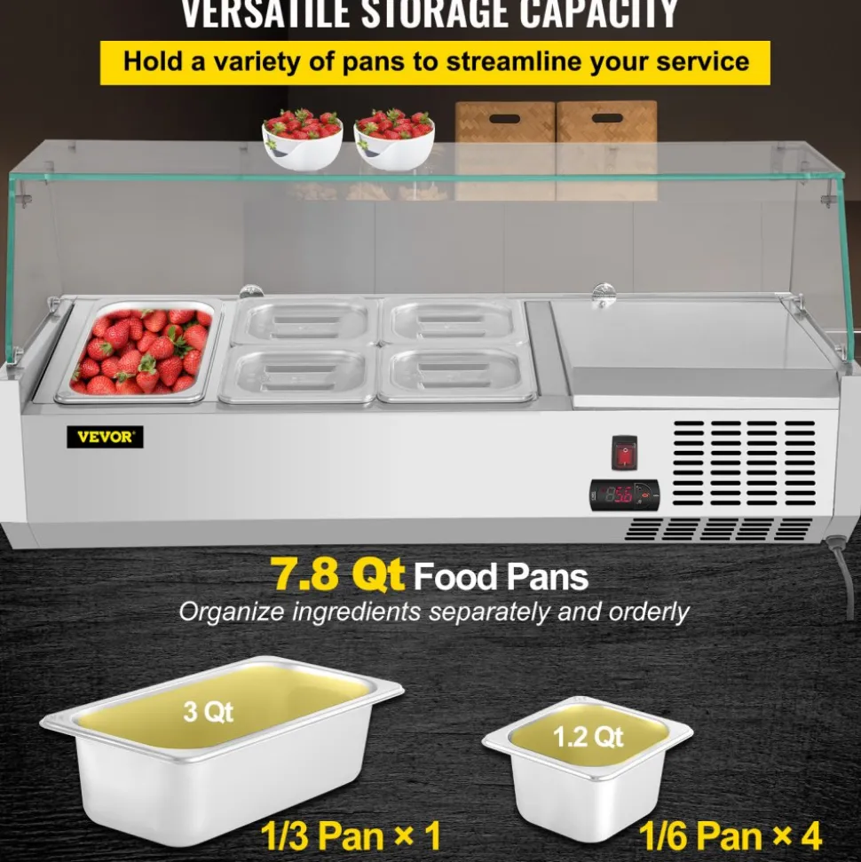 VEVOR Refrigerated Condiment Prep Station, 40-Inch, 7.8Qt Sandwich Prep Table with 1 1/3 Pan & 4 1/6 Pans, 150W Salad Bar with 304 Stainless Body Tempered Glass Shield Digital Temp Display Auto Defros