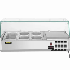 VEVOR Refrigerated Condiment Prep Station, 40-Inch, 7.8Qt Sandwich Prep Table with 1 1/3 Pan & 4 1/6 Pans, 150W Salad Bar with 304 Stainless Body Tempered Glass Shield Digital Temp Display Auto Defros