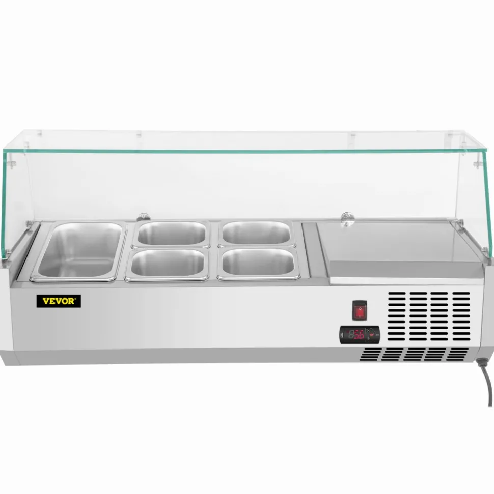 VEVOR Refrigerated Condiment Prep Station, 40-Inch, 7.8Qt Sandwich Prep Table with 1 1/3 Pan & 4 1/6 Pans, 150W Salad Bar with 304 Stainless Body Tempered Glass Shield Digital Temp Display Auto Defros