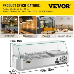 VEVOR Refrigerated Condiment Prep Station, 40-Inch, 7.8Qt Sandwich Prep Table with 1 1/3 Pan & 4 1/6 Pans, 150W Salad Bar with 304 Stainless Body Tempered Glass Shield Digital Temp Display Auto Defros