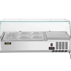 VEVOR Refrigerated Condiment Prep Station, 40-Inch, 7.8Qt Sandwich Prep Table with 1 1/3 Pan & 4 1/6 Pans, 150W Salad Bar with 304 Stainless Body Tempered Glass Shield Digital Temp Display Auto Defros