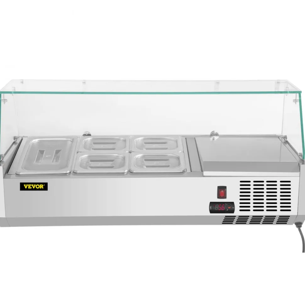 VEVOR Refrigerated Condiment Prep Station, 40-Inch, 7.8Qt Sandwich Prep Table with 1 1/3 Pan & 4 1/6 Pans, 150W Salad Bar with 304 Stainless Body Tempered Glass Shield Digital Temp Display Auto Defros