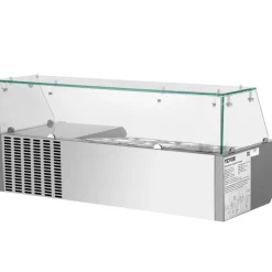 VEVOR Refrigerated Condiment Prep Station, 40-Inch, 7.8Qt Sandwich Prep Table with 1 1/3 Pan & 4 1/6 Pans, 150W Salad Bar with 304 Stainless Body Tempered Glass Shield Digital Temp Display Auto Defros