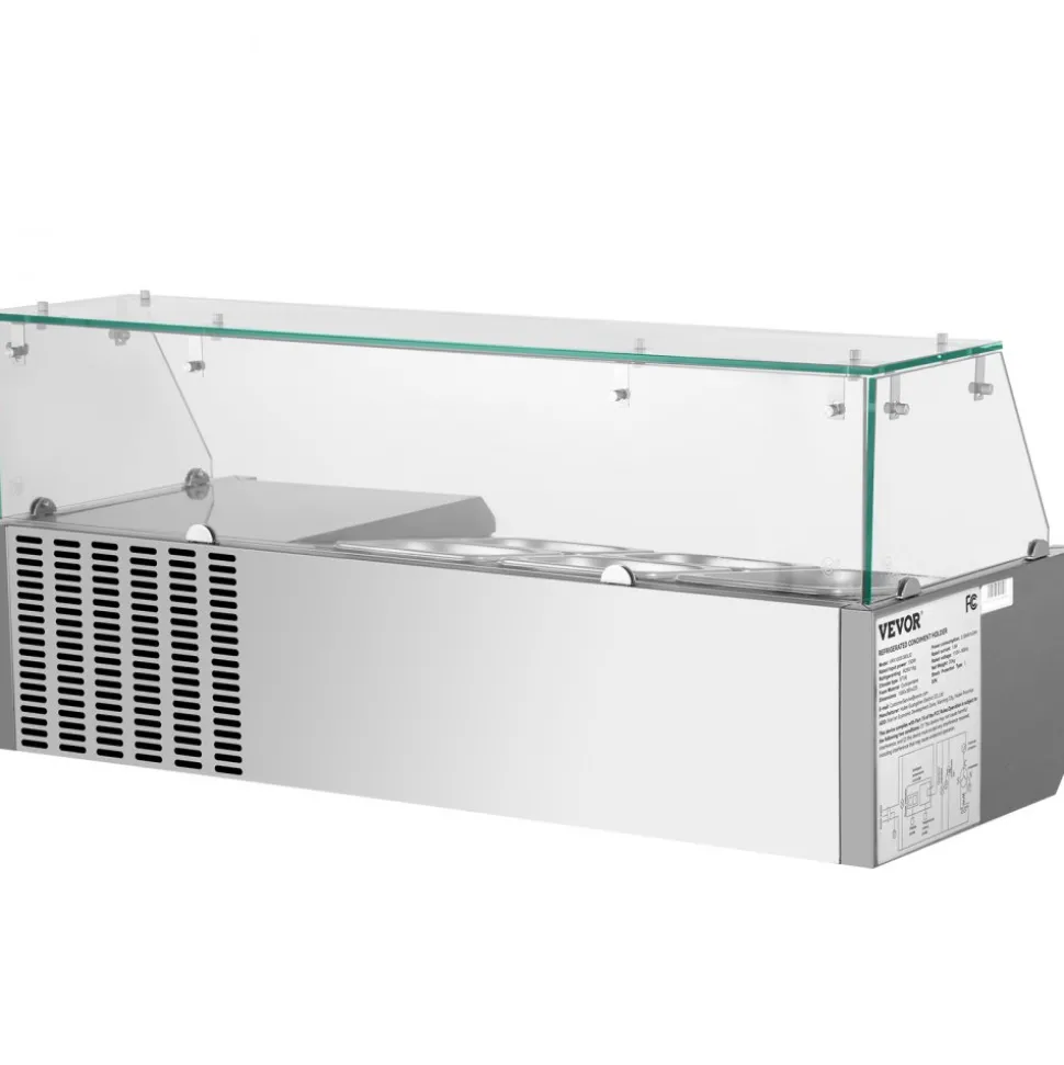 VEVOR Refrigerated Condiment Prep Station, 40-Inch, 7.8Qt Sandwich Prep Table with 1 1/3 Pan & 4 1/6 Pans, 150W Salad Bar with 304 Stainless Body Tempered Glass Shield Digital Temp Display Auto Defros