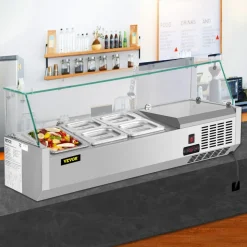 VEVOR Refrigerated Condiment Prep Station, 40-Inch, 7.8Qt Sandwich Prep Table with 1 1/3 Pan & 4 1/6 Pans, 150W Salad Bar with 304 Stainless Body Tempered Glass Shield Digital Temp Display Auto Defros