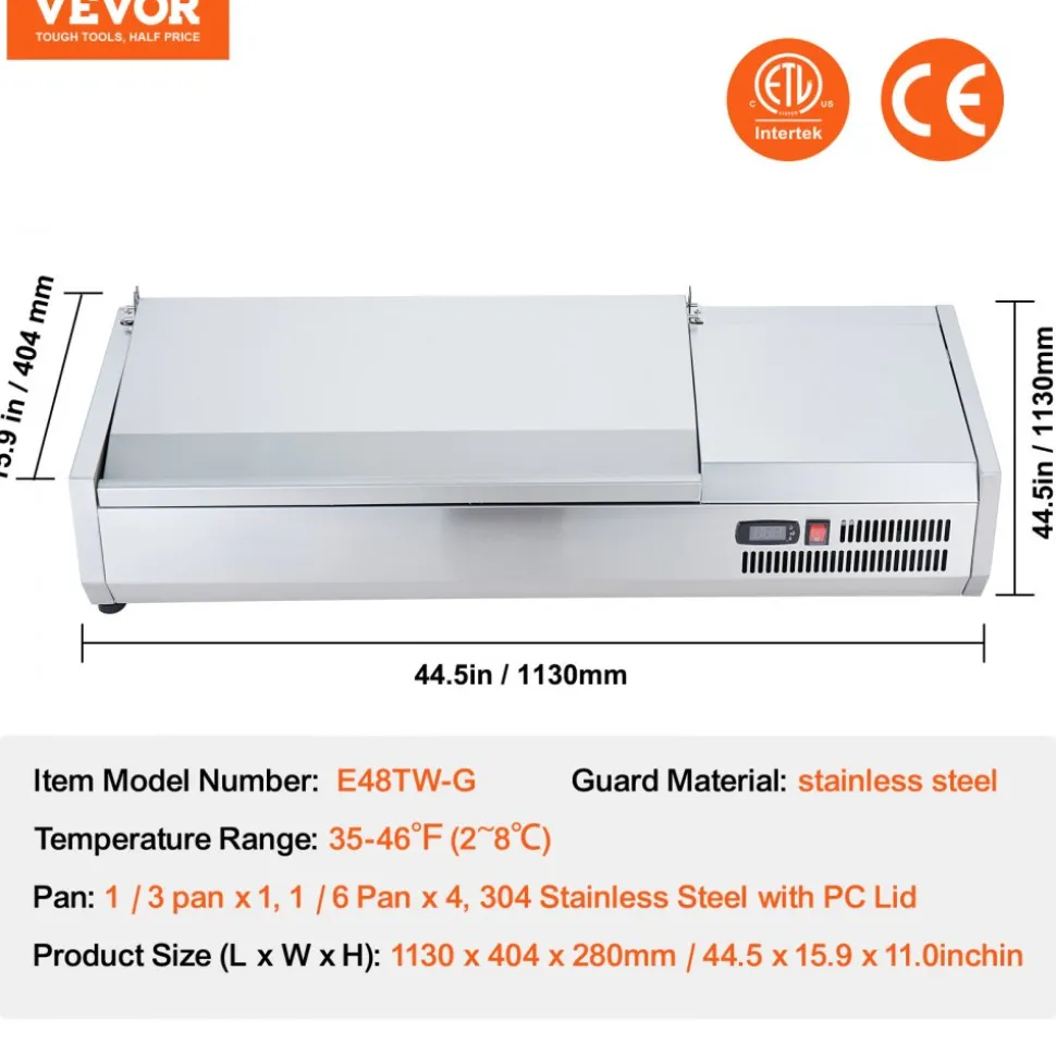 VEVOR Refrigerated Condiment Prep Station, 135 W Countertop Refrigerated Condiment Station, with 2 1/3 Pans & 4 1/6 Pans, 304 Stainless Body and PC Lid, Sandwich Prep Table with Stainless Guard, ETL