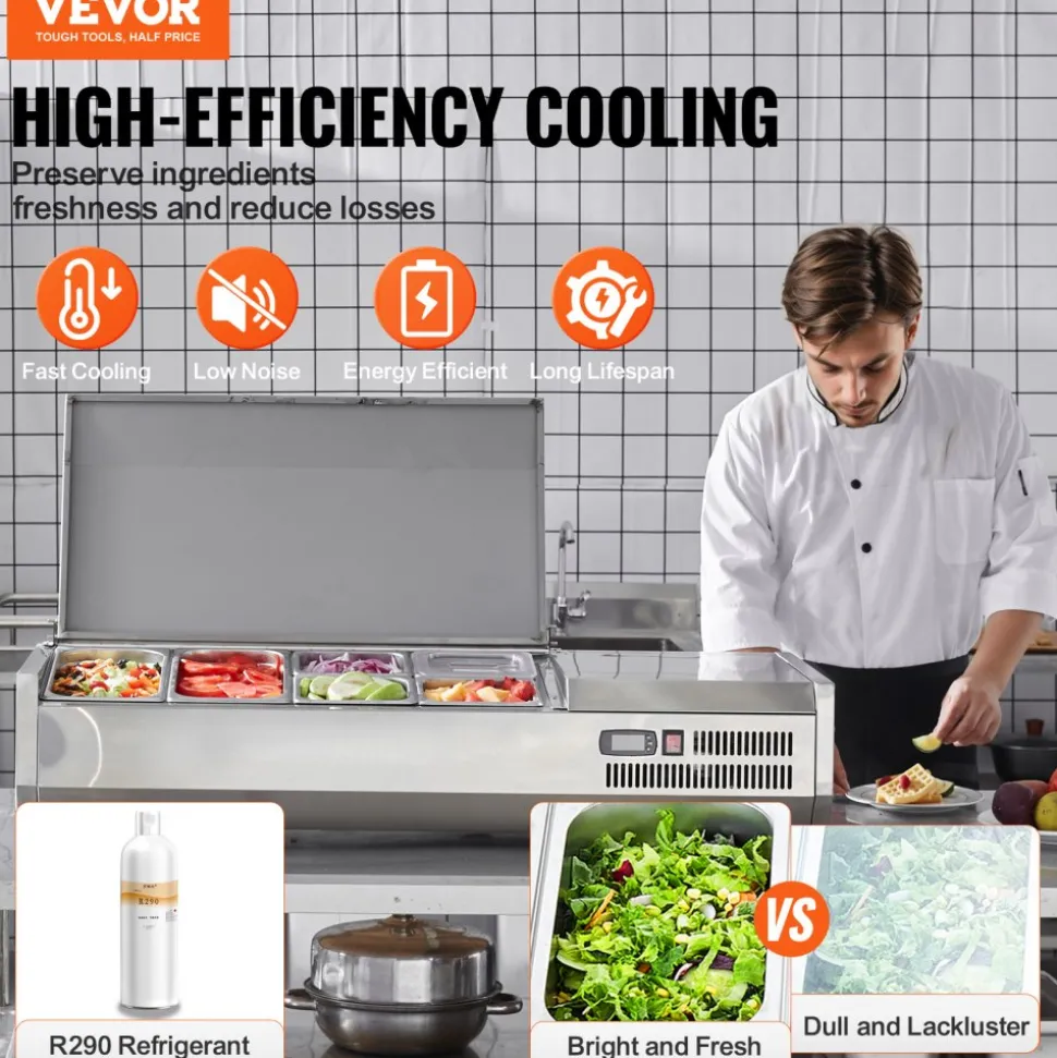 VEVOR Refrigerated Condiment Prep Station, 135 W Countertop Refrigerated Condiment Station, with 2 1/3 Pans & 4 1/6 Pans, 304 Stainless Body and PC Lid, Sandwich Prep Table with Stainless Guard, ETL