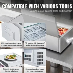 VEVOR Refrigerated Condiment Prep Station, 135 W Countertop Refrigerated Condiment Station, with 2 1/3 Pans & 4 1/6 Pans, 304 Stainless Body and PC Lid, Sandwich Prep Table with Stainless Guard, ETL