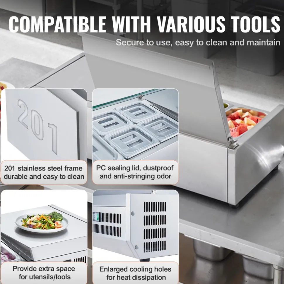 VEVOR Refrigerated Condiment Prep Station, 135 W Countertop Refrigerated Condiment Station, with 2 1/3 Pans & 4 1/6 Pans, 304 Stainless Body and PC Lid, Sandwich Prep Table with Stainless Guard, ETL
