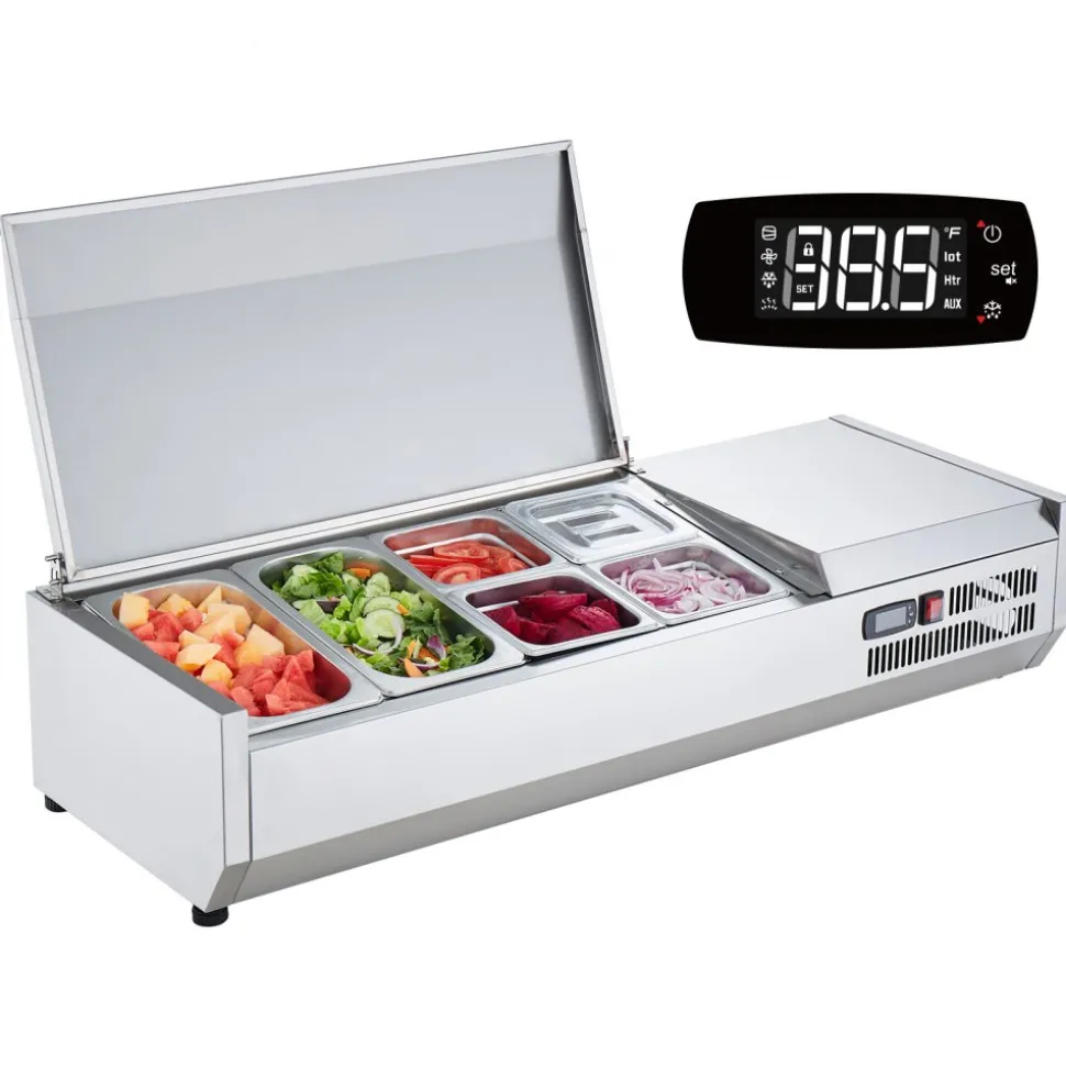 VEVOR Refrigerated Condiment Prep Station, 135 W Countertop Refrigerated Condiment Station, with 2 1/3 Pans & 4 1/6 Pans, 304 Stainless Body and PC Lid, Sandwich Prep Table with Stainless Guard, ETL