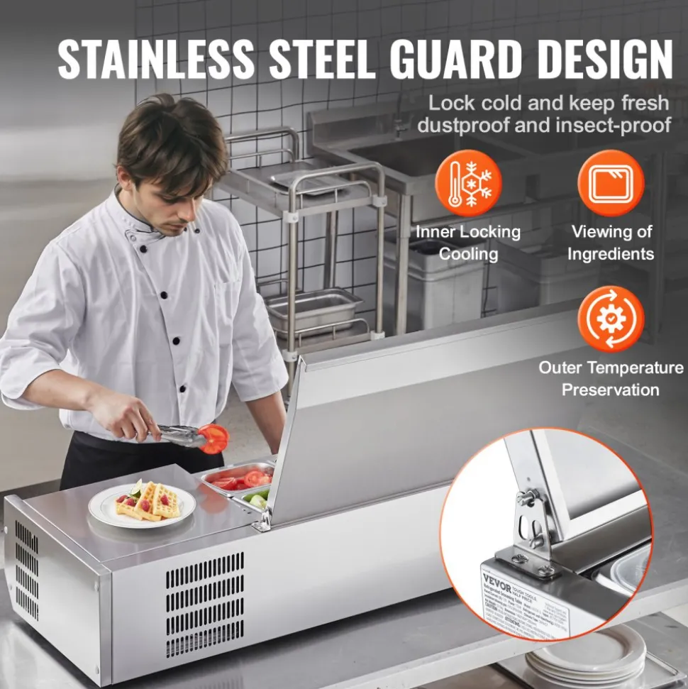 VEVOR Refrigerated Condiment Prep Station, 135 W Countertop Refrigerated Condiment Station, with 2 1/3 Pans & 4 1/6 Pans, 304 Stainless Body and PC Lid, Sandwich Prep Table with Stainless Guard, ETL
