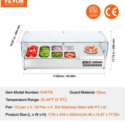 VEVOR Refrigerated Condiment Prep Station, 135 W Countertop Refrigerated Condiment Station, with 2 1/3 Pans & 4 1/6 Pans, 304 Stainless Body and PC Lid, Sandwich Prep Table with Glass Guard, ETL