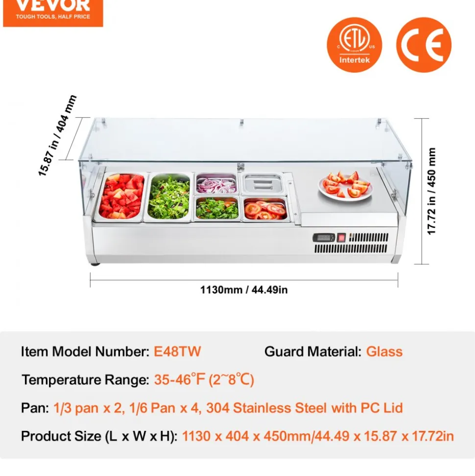 VEVOR Refrigerated Condiment Prep Station, 135 W Countertop Refrigerated Condiment Station, with 2 1/3 Pans & 4 1/6 Pans, 304 Stainless Body and PC Lid, Sandwich Prep Table with Glass Guard, ETL