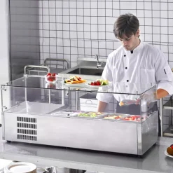 VEVOR Refrigerated Condiment Prep Station, 135 W Countertop Refrigerated Condiment Station, with 2 1/3 Pans & 4 1/6 Pans, 304 Stainless Body and PC Lid, Sandwich Prep Table with Glass Guard, ETL