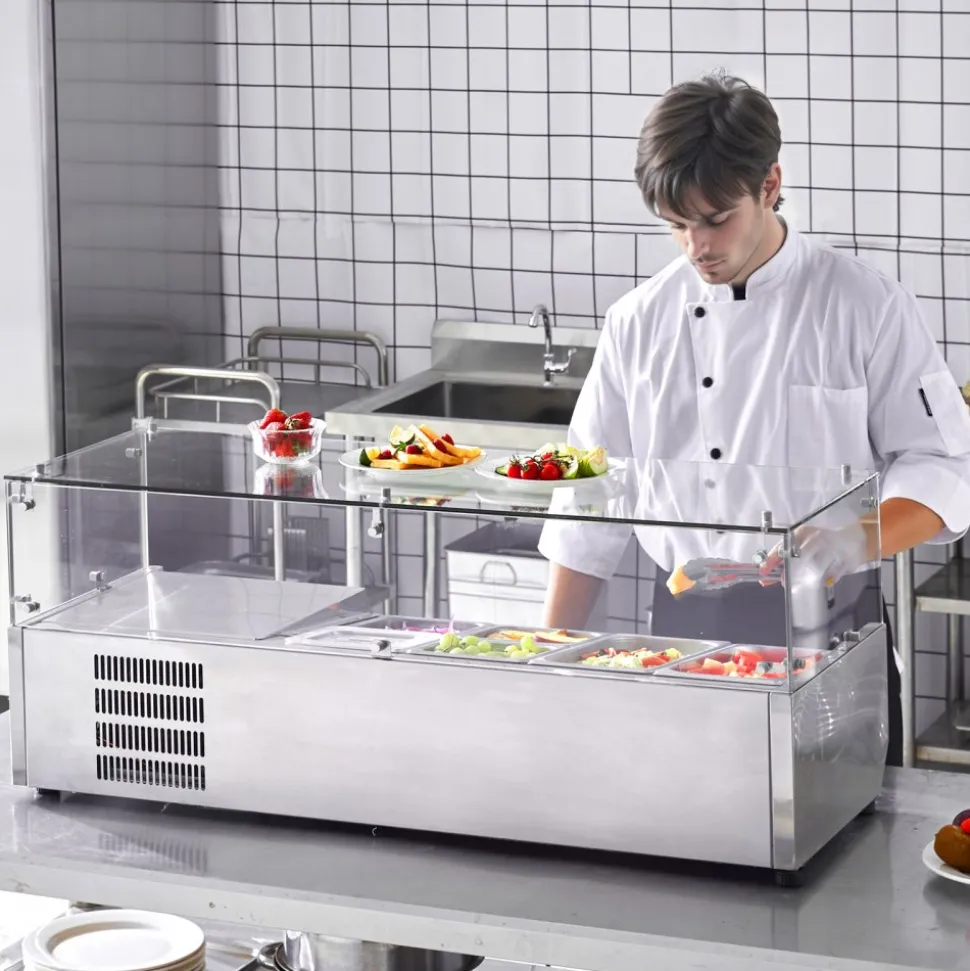 VEVOR Refrigerated Condiment Prep Station, 135 W Countertop Refrigerated Condiment Station, with 2 1/3 Pans & 4 1/6 Pans, 304 Stainless Body and PC Lid, Sandwich Prep Table with Glass Guard, ETL