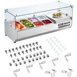 VEVOR Refrigerated Condiment Prep Station, 135 W Countertop Refrigerated Condiment Station, with 2 1/3 Pans & 4 1/6 Pans, 304 Stainless Body and PC Lid, Sandwich Prep Table with Glass Guard, ETL