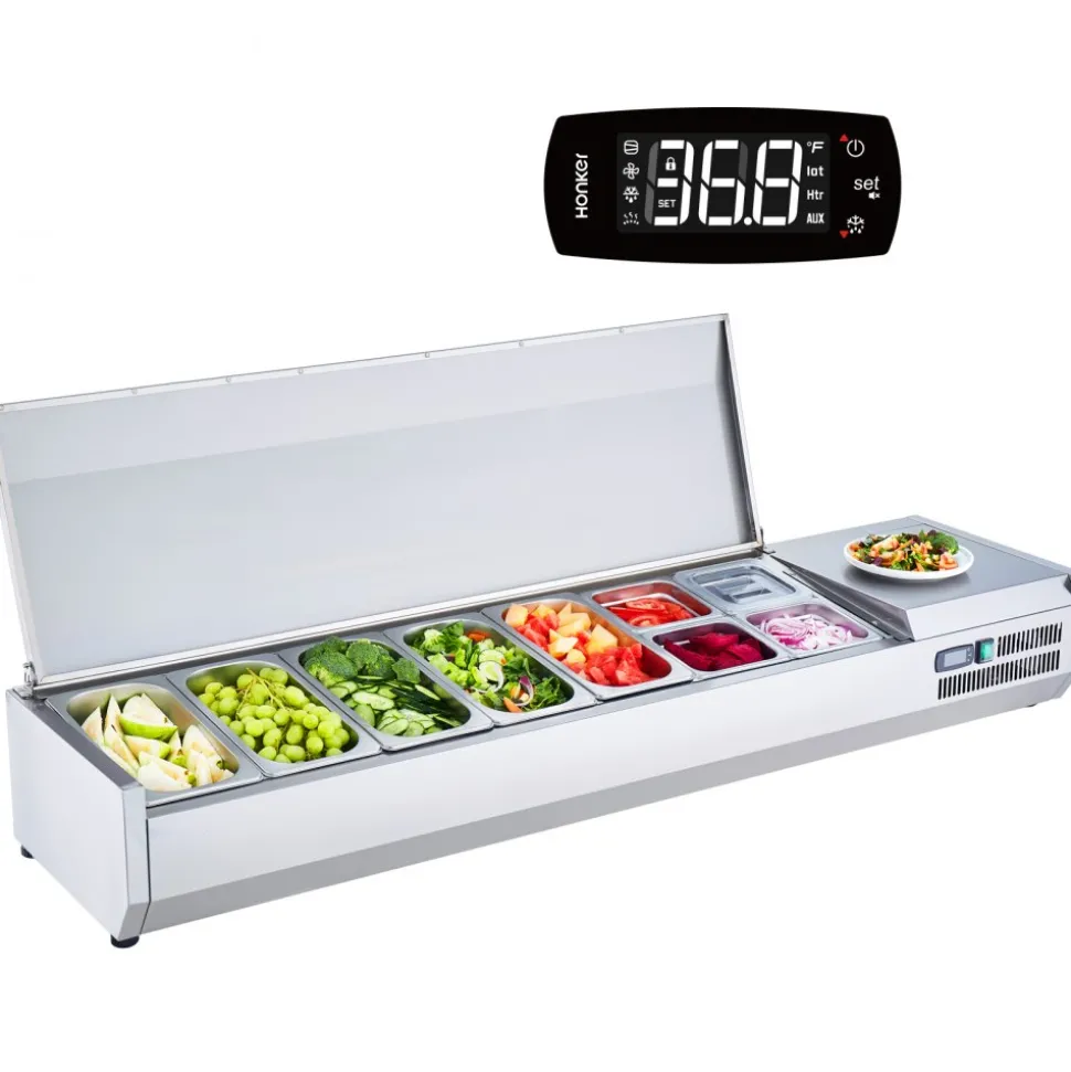 VEVOR Refrigerated Condiment Prep Station, 160 W Countertop Refrigerated Condiment Station, with 5 1/3 Pans & 4 1/6 Pans, 304 Stainless Body and PC Lid, Sandwich Prep Table with Stainless Guard, ETL