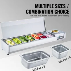 VEVOR Refrigerated Condiment Prep Station, 160 W Countertop Refrigerated Condiment Station, with 5 1/3 Pans & 4 1/6 Pans, 304 Stainless Body and PC Lid, Sandwich Prep Table with Stainless Guard, ETL
