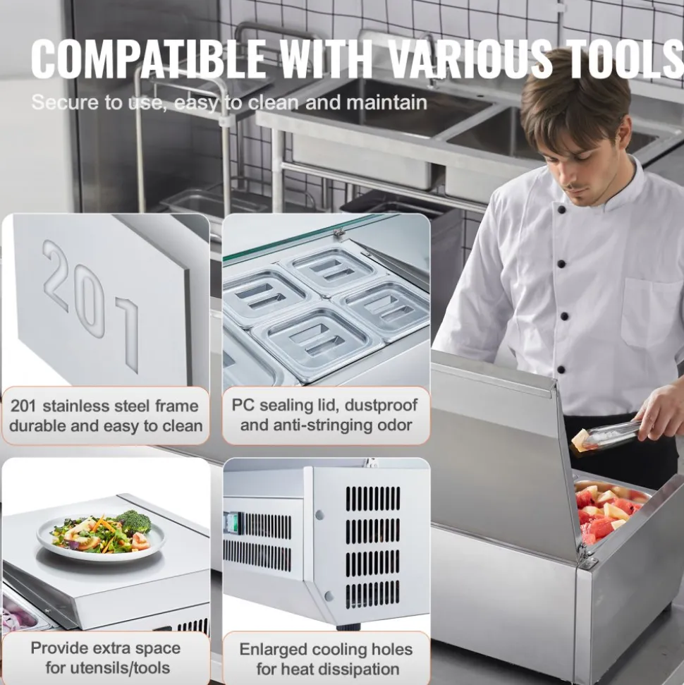 VEVOR Refrigerated Condiment Prep Station, 160 W Countertop Refrigerated Condiment Station, with 5 1/3 Pans & 4 1/6 Pans, 304 Stainless Body and PC Lid, Sandwich Prep Table with Stainless Guard, ETL