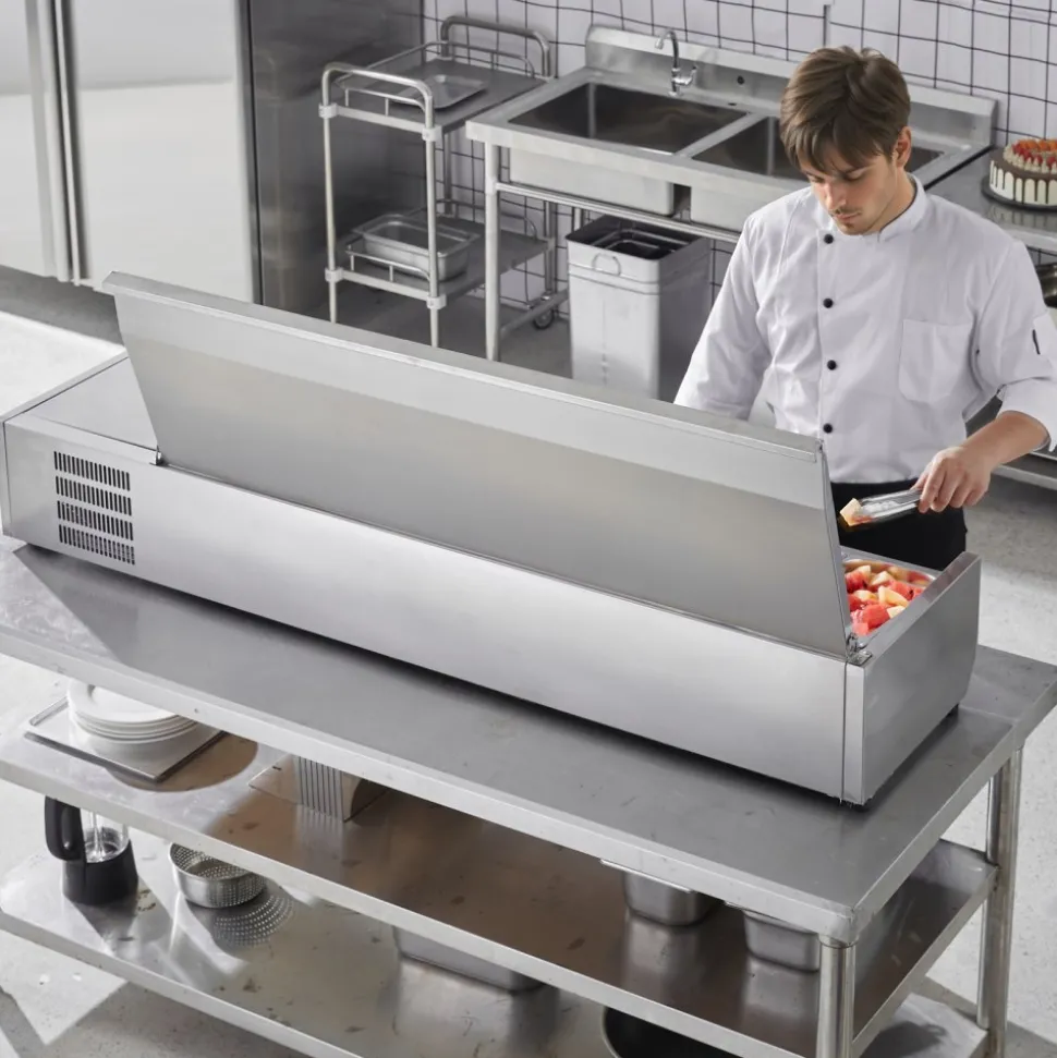 VEVOR Refrigerated Condiment Prep Station, 160 W Countertop Refrigerated Condiment Station, with 5 1/3 Pans & 4 1/6 Pans, 304 Stainless Body and PC Lid, Sandwich Prep Table with Stainless Guard, ETL