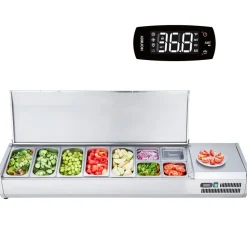 VEVOR Refrigerated Condiment Prep Station, 160 W Countertop Refrigerated Condiment Station, with 5 1/3 Pans & 4 1/6 Pans, 304 Stainless Body and PC Lid, Sandwich Prep Table with Stainless Guard, ETL