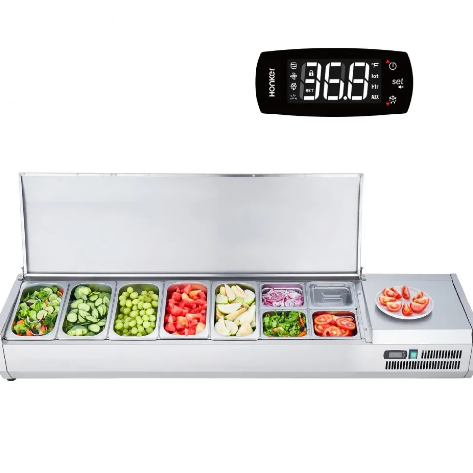 VEVOR Refrigerated Condiment Prep Station, 160 W Countertop Refrigerated Condiment Station, with 5 1/3 Pans & 4 1/6 Pans, 304 Stainless Body and PC Lid, Sandwich Prep Table with Stainless Guard, ETL