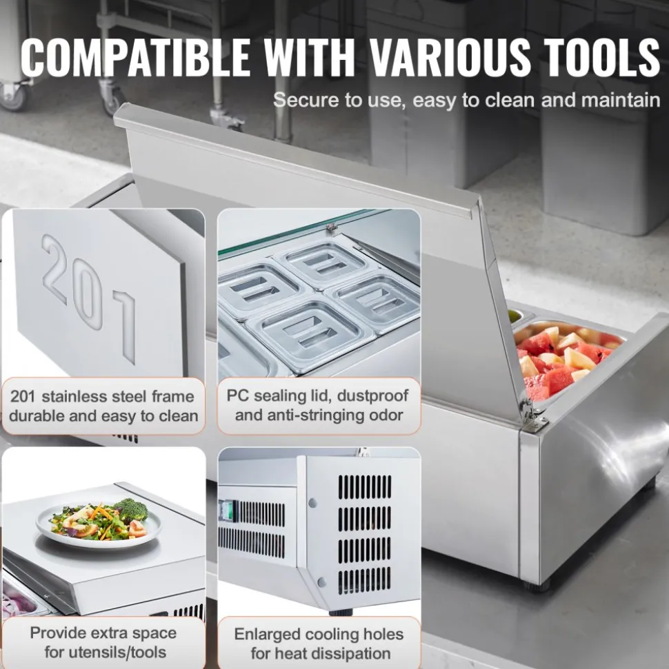 VEVOR Refrigerated Condiment Prep Station, 150 W Countertop Refrigerated Condiment Station, with 4 1/3 Pans & 4 1/6 Pans, 304 Stainless Body and PC Lid, Sandwich Prep Table with Stainless Guard, ETL