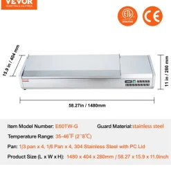 VEVOR Refrigerated Condiment Prep Station, 150 W Countertop Refrigerated Condiment Station, with 4 1/3 Pans & 4 1/6 Pans, 304 Stainless Body and PC Lid, Sandwich Prep Table with Stainless Guard, ETL
