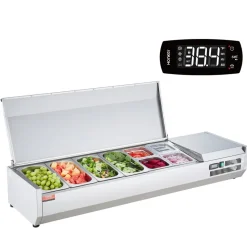 VEVOR Refrigerated Condiment Prep Station, 150 W Countertop Refrigerated Condiment Station, with 4 1/3 Pans & 4 1/6 Pans, 304 Stainless Body and PC Lid, Sandwich Prep Table with Stainless Guard, ETL