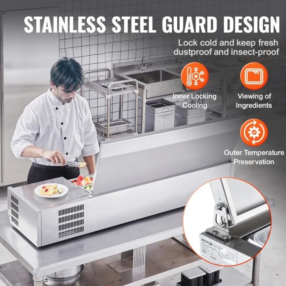 VEVOR Refrigerated Condiment Prep Station, 150 W Countertop Refrigerated Condiment Station, with 4 1/3 Pans & 4 1/6 Pans, 304 Stainless Body and PC Lid, Sandwich Prep Table with Stainless Guard, ETL