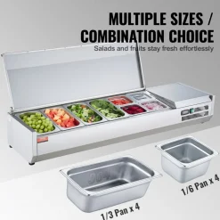 VEVOR Refrigerated Condiment Prep Station, 150 W Countertop Refrigerated Condiment Station, with 4 1/3 Pans & 4 1/6 Pans, 304 Stainless Body and PC Lid, Sandwich Prep Table with Stainless Guard, ETL