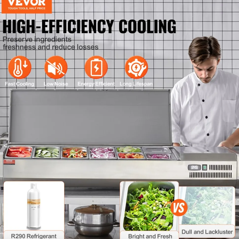 VEVOR Refrigerated Condiment Prep Station, 150 W Countertop Refrigerated Condiment Station, with 4 1/3 Pans & 4 1/6 Pans, 304 Stainless Body and PC Lid, Sandwich Prep Table with Stainless Guard, ETL