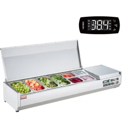 VEVOR Refrigerated Condiment Prep Station, 150 W Countertop Refrigerated Condiment Station, with 4 1/3 Pans & 4 1/6 Pans, 304 Stainless Body and PC Lid, Sandwich Prep Table with Stainless Guard, ETL