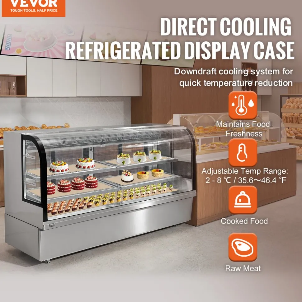 VEVOR Refrigerated Display Case, 32 Cu.Ft./901L Large Pastry Display Case, 4-Tier Commercial Display Refrigerator with LED Lighting, Downdraft Cooling, Movable with Casters, for Bakery