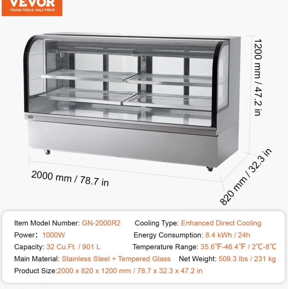 VEVOR Refrigerated Display Case, 32 Cu.Ft./901L Large Pastry Display Case, 4-Tier Commercial Display Refrigerator with LED Lighting, Downdraft Cooling, Movable with Casters, for Bakery