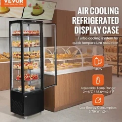 VEVOR Refrigerated Display Case, 9.8 Cu.Ft./278L Large Pastry Display Case, 5-Tier Commercial Display Refrigerator with LED Lighting, TURBO Cooling, Frost-Free Air-Cooling, for Bakery
