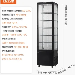 VEVOR Refrigerated Display Case, 9.8 Cu.Ft./278L Large Pastry Display Case, 5-Tier Commercial Display Refrigerator with LED Lighting, TURBO Cooling, Frost-Free Air-Cooling, for Bakery