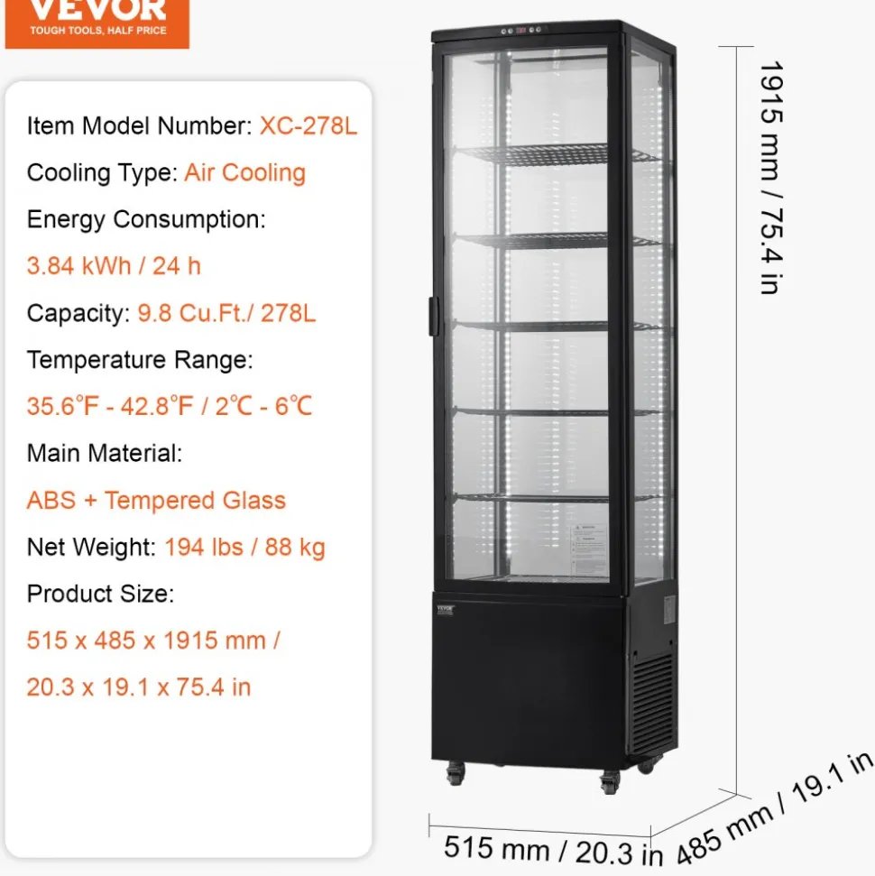 VEVOR Refrigerated Display Case, 9.8 Cu.Ft./278L Large Pastry Display Case, 5-Tier Commercial Display Refrigerator with LED Lighting, TURBO Cooling, Frost-Free Air-Cooling, for Bakery