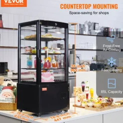 VEVOR Refrigerated Display Case, 3 Cu.Ft./85L Countertop Pastry Display Case, 3-Tier Commercial Display Refrigerator with LED Lighting, TURBO Cooling, Frost-Free Air-Cooling, Locked Door for Bakery
