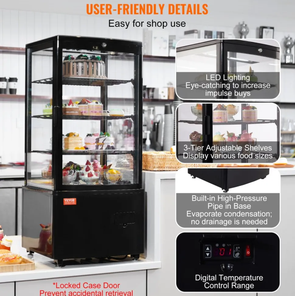 VEVOR Refrigerated Display Case, 3.5 Cu.Ft./100L, 2-Tier, Countertop Pastry Display Case Commercial Display Refrigerator with LED Lighting, TURBO Cooling, Frost-Free Air-Cooling, Rear Sliding Door