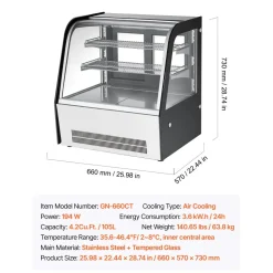 VEVOR Refrigerated Display Case, 4.2 Cu.Ft./105L Countertop Pastry Display Case, 2-Tier Commercial Cake Refrigerator with LED Lighting, TURBO Cooling, Frost-Free Air-Cooling, for Bakery, Dessert Shop