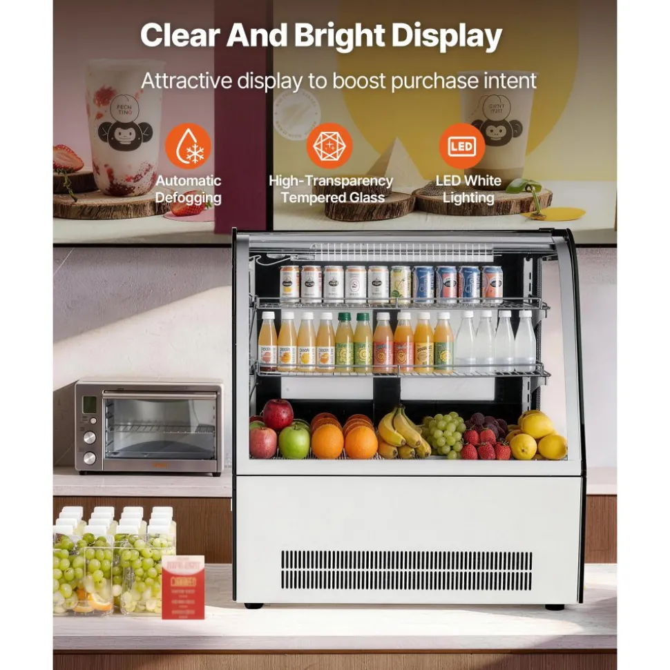 VEVOR Refrigerated Display Case, 4.2 Cu.Ft./105L Countertop Pastry Display Case, 2-Tier Commercial Cake Refrigerator with LED Lighting, TURBO Cooling, Frost-Free Air-Cooling, for Bakery, Dessert Shop