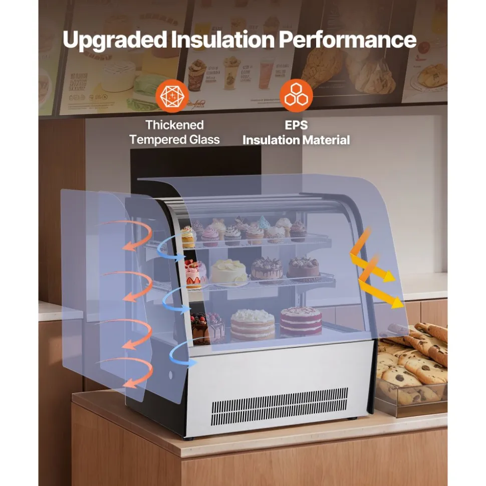 VEVOR Refrigerated Display Case, 4.2 Cu.Ft./105L Countertop Pastry Display Case, 2-Tier Commercial Cake Refrigerator with LED Lighting, TURBO Cooling, Frost-Free Air-Cooling, for Bakery, Dessert Shop