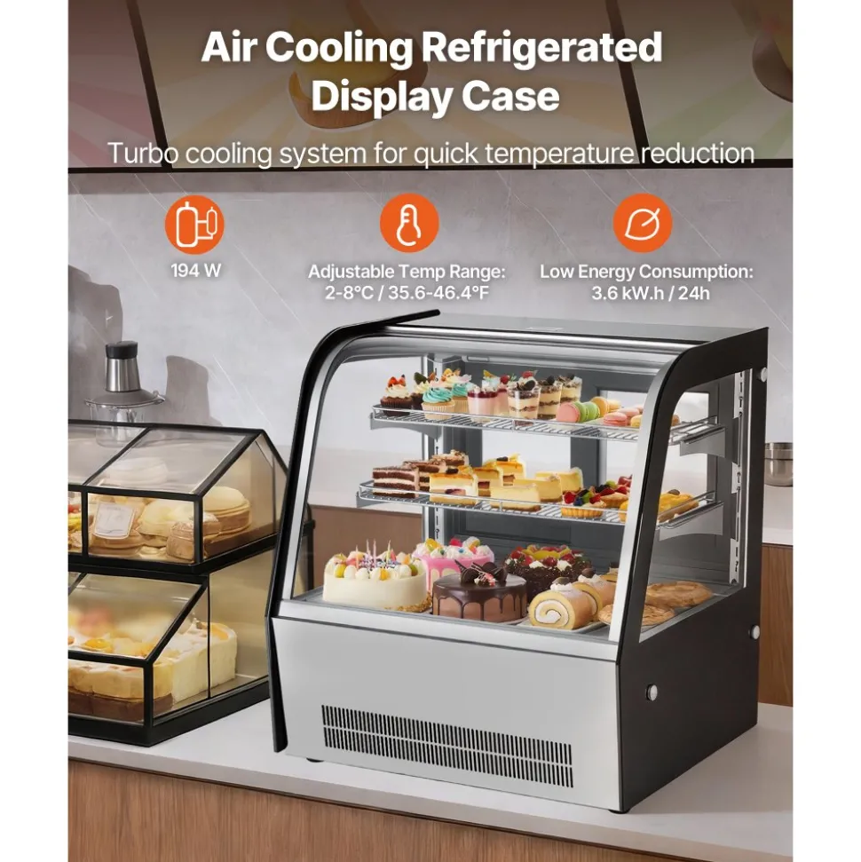VEVOR Refrigerated Display Case, 4.2 Cu.Ft./105L Countertop Pastry Display Case, 2-Tier Commercial Cake Refrigerator with LED Lighting, TURBO Cooling, Frost-Free Air-Cooling, for Bakery, Dessert Shop