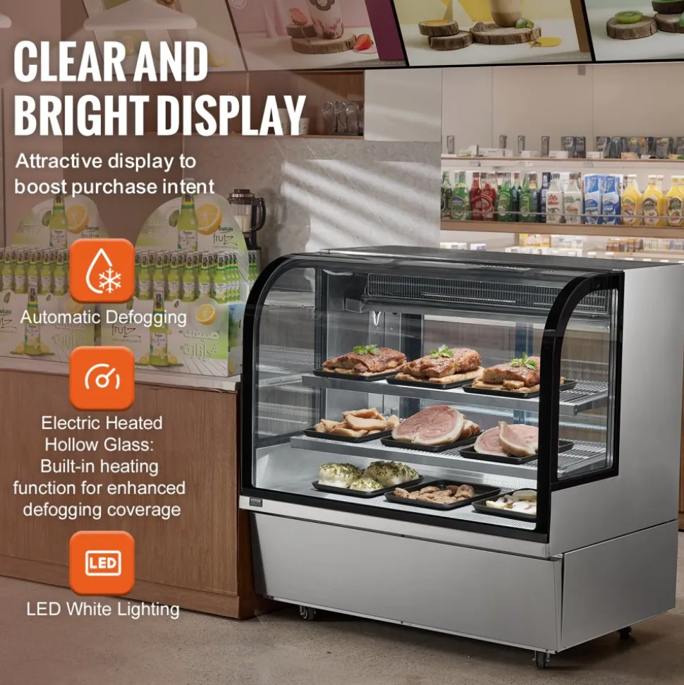 VEVOR Refrigerated Display Case, 18 Cu.Ft./505L Large Pastry Display Case, 2-Tier Commercial Display Refrigerator with LED Lighting, Downdraft Cooling, Movable with Casters, for Bakery