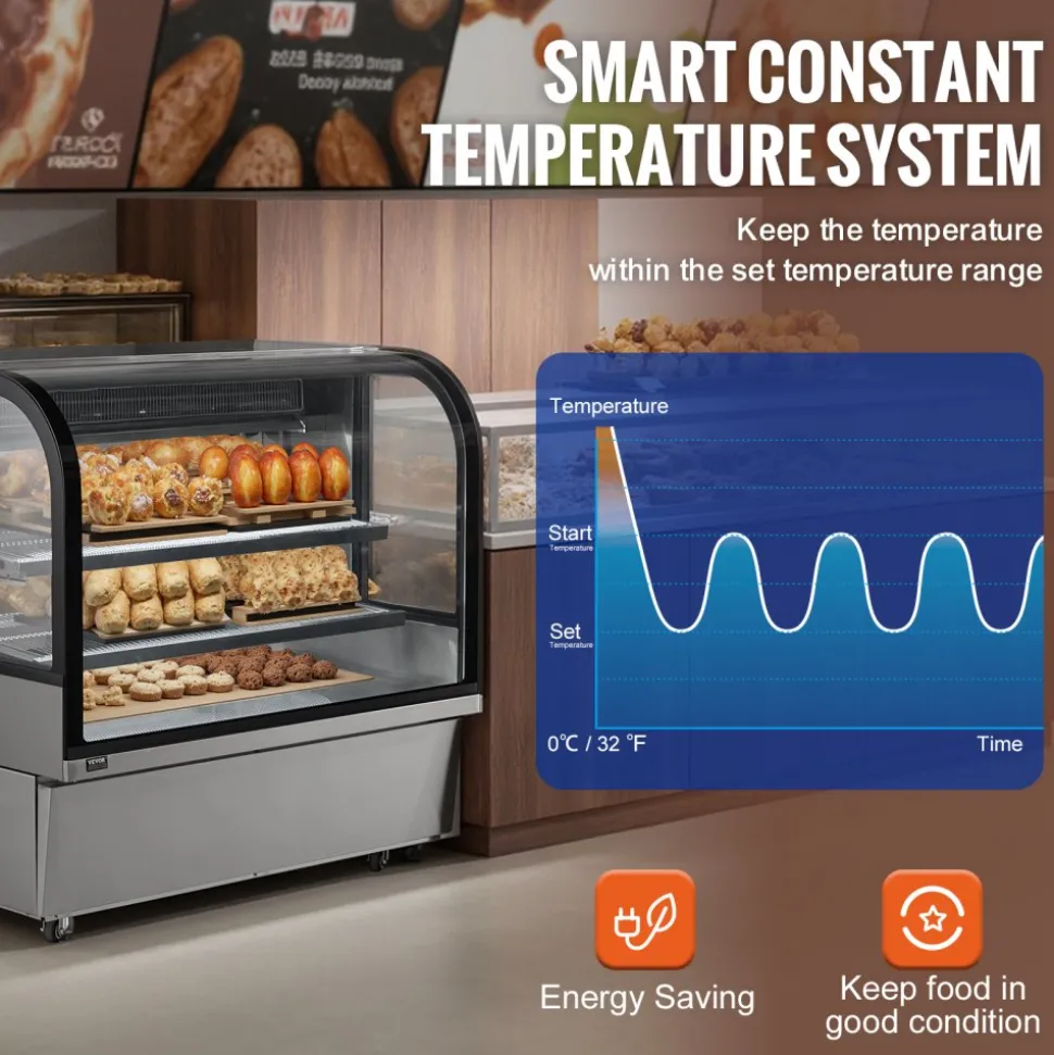 VEVOR Refrigerated Display Case, 18 Cu.Ft./505L Large Pastry Display Case, 2-Tier Commercial Display Refrigerator with LED Lighting, Downdraft Cooling, Movable with Casters, for Bakery
