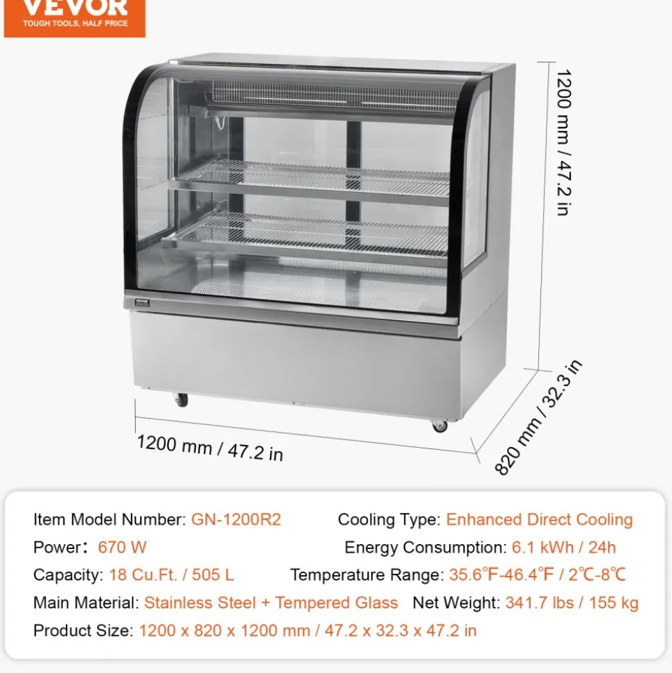 VEVOR Refrigerated Display Case, 18 Cu.Ft./505L Large Pastry Display Case, 2-Tier Commercial Display Refrigerator with LED Lighting, Downdraft Cooling, Movable with Casters, for Bakery