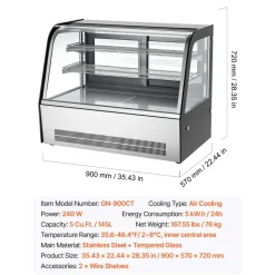 VEVOR Refrigerated Display Case, 5 Cu.Ft./145L Countertop Pastry Display Case, 2-Tier Commercial Cake Refrigerator with LED Lighting, TURBO Cooling, Frost-Free Air-Cooling, for Bakery, Dessert Shop