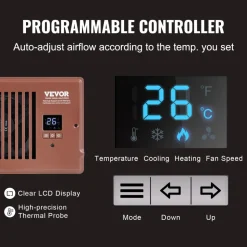 VEVOR Register Booster Fan, Quiet Vent Booster Fan Fits 4” x 10” Register Holes, with Remote Control and Thermostat Control, Adjustable Speed for Heating Cooling Smart Vent, Brown