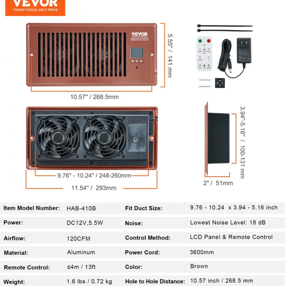 VEVOR Register Booster Fan, Quiet Vent Booster Fan Fits 4” x 10” Register Holes, with Remote Control and Thermostat Control, Adjustable Speed for Heating Cooling Smart Vent, Brown